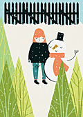 Girl and snowman standing together in snow, illustration