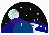 Winding path with full moon, illustration