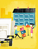 Young couple moving belongings into new home, illustration