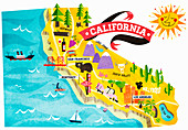 Map of tourist attractions in California, illustration