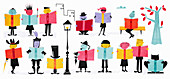 Characters reading fiction books, illustration