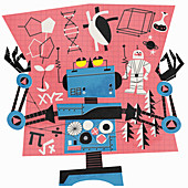 Robot reading chart about science and nature, illustration