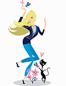 Happy woman dancing with butterflies and cat, illustration