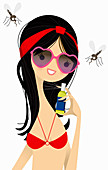 Woman with mosquitoes repellent, illustration