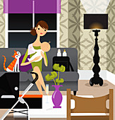 Mother holding baby in living room, illustration