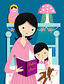 Mother reading bedtime story to daughter, illustration