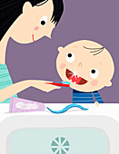 Mother helping son brush teeth, illustration