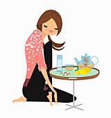 Woman enjoying ginger and lemon tea at table, illustration