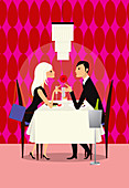 Couple enjoying romantic dinner in restaurant, illustration