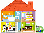 Family house with potential hazards, illustration