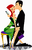 Man kissing woman and checking cell phone, illustration