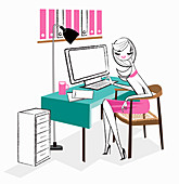 Office worker working on desktop computer, illustration
