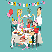Children eating at birthday tea party, illustration