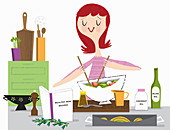 Young woman making healthy salad, illustration
