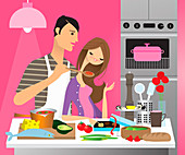 Man cooking romantic dinner for girlfriend, illustration