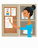Organized woman pinning to do list, illustration
