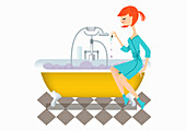 Woman dropping essential oils into bubble bath, illustration