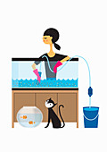 Woman cleaning out fish tank, illustration
