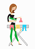 Woman hanging baby clothes on airer, illustration