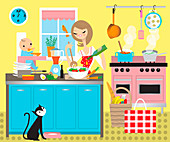 Mother cooking lunch with baby in high chair, illustration