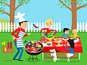 Family having barbecue in garden, illustration