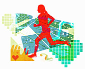 Woman running in healthy fitness collage, illustration