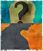 Question mark inside of man's head, illustration