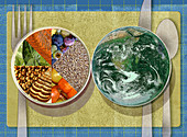 Place setting with healthy food pie chart, illustration