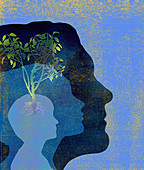 Tree growing from silhouettes of heads, illustration