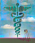 Couple on ladder looking at enormous caduceus, illustration