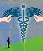 Hands holding out wings of caduceus, illustration