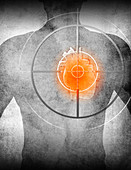 Target over human heart on male torso, illustration