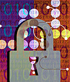 Computer coding and locked padlock, illustration
