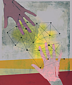 Network pattern connecting hands reaching out, illustration