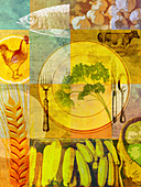 Collage of healthy food and place setting, illustration