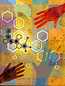 Hands reaching out and connecting shapes, illustration