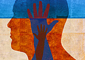 Hands reaching inside of man's head, illustration