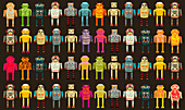Pattern of variety of robots in a row, illustration