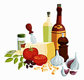 Fresh Italian cooking ingredients, illustration