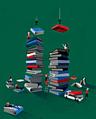 Community building tall pile of books, illustration