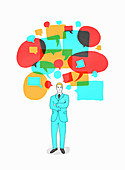 Lots of speech bubbles above businessman, illustration