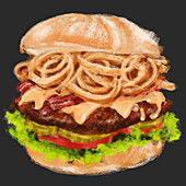 Cheeseburger with bacon and onion rings, illustration