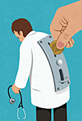Hand inserting coin into doctor's back, illustration