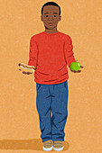 Boy with choice of healthy or unhealthy food, illustration