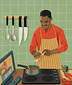 Man cooking following recipe from TV program, illustration