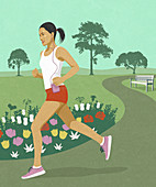 Young woman jogging in park listening to music, illustration