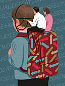 Pushy parents riding on the back of son, illustration