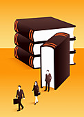 Lawyers emerging from large book, illustration