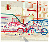 Traffic jam on urban street, illustration