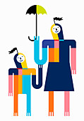 Smiling mother and son with umbrella, illustration